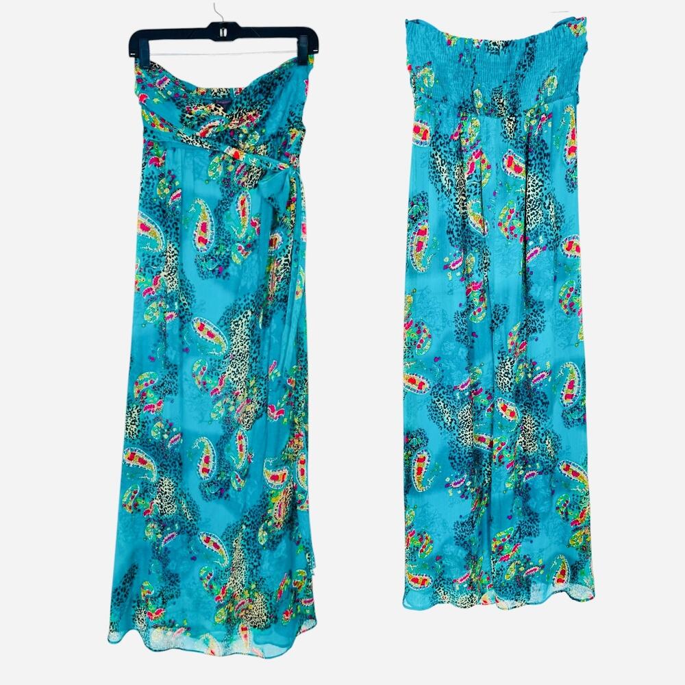 Teal Paisley Strapless Babydoll Maxi Dress L Sheer Chiffon Boho Coquette